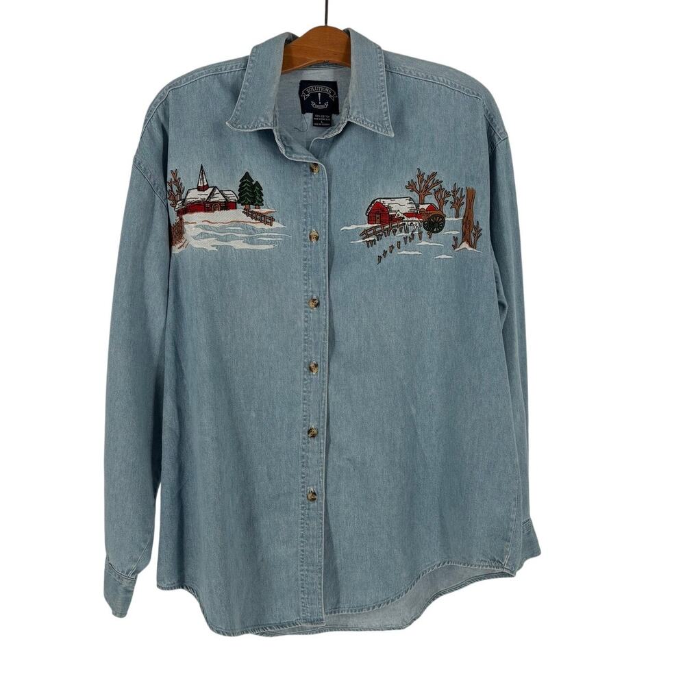 Vintage 90's Chambray Embroidered Christmas Winter Button Up Womens Sz Large